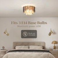 HOMCOM Chandelier Ceiling Light, 3-Light Flush Mount Fixture with Dual Crystal and Smoke Glass Shade, 40 cm LED Ceiling Light for Living Room Bedroom, 3 E14 Sockets, Bulbs Not Included, Gold Tone(m-5)