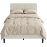 HOMCOM Cadru de pat 140 x 190 cm cu somier, tăblie reglabilă, pat dublu capitonat în velur côtelat, fără zgomot, gri deschis(m-8)