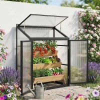 Outsunny 4 x 2ft Polycarbonate Greenhouse, Quick Setup, Lean-to Green House with 2 Hinged Doors, Top Vent, Black(m-10)