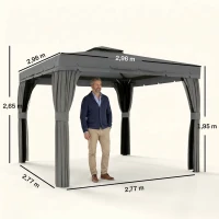 Outsunny Tonnelle de jardin extérieur 3 x 3 m, barnum avec toit double, rideaux et moustiquaire, cadre en aluminium, gris foncé(m-3)
