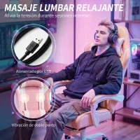 HOMCOM Silla Gamer con Lumbar Masaje Vibración Reclinable 155° Altura Ajustable Reposacabezas y Reposapiés Retráctil Rosa(m-4)