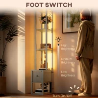 HOMCOM Floor Lamp with Shelves, LED Column Modern Standing Lamp with Fabric Drawer, Adjustable Brightness, Foot Switch for Living Room, Bedroom, Office, Oak(m-6)
