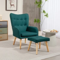 HOMCOM Sillón con Reposapiés Sillón Lectura con Respaldo Alto Capitoné Patas de Madera y Tapizado en Lino Verde Oscuro(m-10)