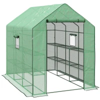 Outsunny Walk-in Greenhouse with 3 Tier Shelves, Outdoor Green House Garden Grow House with Reinforced PE Cover, Roll-up Door and Mesh Windows, 140 x 213 x 190cm, Green(m-1)