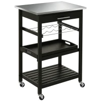 HOMCOM Chariot de Service desserte de Cuisine Table roulantes avec étagère rangement bouteille 60L x 40l x 85H cm Plateau en Acier INOX. Noir(m-1)