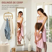 HOMCOM Oglindă Modernă în Mărime Naturală de Perete și Autoportantă, 37x157 cm, Alb și Lemn(m-4)
