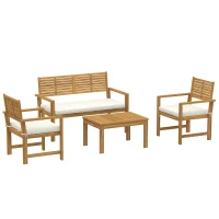 Outsunny 4 Seater Wooden Garden Furniture Set with Loveseat, Armchairs, Table, Acacia Wood Garden Sofa Set, Cream White(m-1)