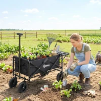 Outsunny Chariot de Jardin Pliable 4 Roues bâche Amovible poignée télescopique Inclinaison réglable Plateau Pliable noir(m-10)