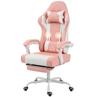 HOMCOM Silla Gamer con Lumbar Masaje Vibración Reclinable 155° Altura Ajustable Reposacabezas y Reposapiés Retráctil Rosa(m-11)