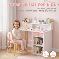 AIYAPLAY 2 Pieces Children Study Table with Hutch, Kids Desk and Chair Set with Storage, Drawer, Shelves, Pink(m-6)