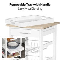 HOMCOM Mobile Rolling Kitchen Island Trolley for Home w/ Metal Baskets Trays Shelves Wheels Compact Stylish Storage White(m-5)