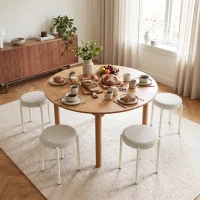 HOMCOM Set de 4 Taburete Stivuite Rotunde cu Șezut Tapițat, fără Spătar, Economisire de Spațiu, 45 x 45 x 47,5 cm, Crem(m-7)