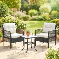 Outsunny 3 Pieces Rattan Bistro Set with Glass Top Coffee Table, Chairs and Cushions for Outdoor, Patio, Balcony, Cream(m-9)