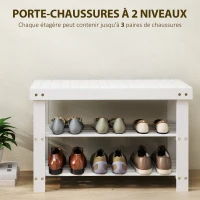 HOMCOM Banc à chaussures en bambou, étagère à chaussures à 3 niveaux, style scandinave, charge 136 Kg, 70 x 28 x 45 cm, blanc(m-4)
