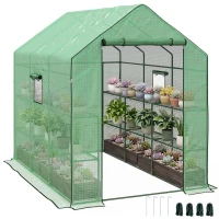 Outsunny Walk-in Greenhouse with 3 Tier Shelves, Outdoor Green House Garden Grow House with Reinforced PE Cover, Roll-up Door and Mesh Windows, 140 x 213 x 190cm, Green(m-11)