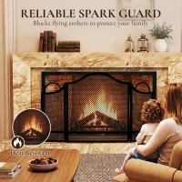 HOMCOM Floral 3-Panel Folding Fireplace Screen for Hearth Protection, Heat-Resistant Metal Fire Spark Guard, Black(m-4)