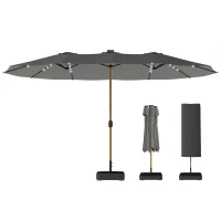 Outsunny Double Sided Garden Parasol with Base Included & 48 Solar LED Lights Patio Umbrella Crank Handle 4.6m Light Grey(m-11)