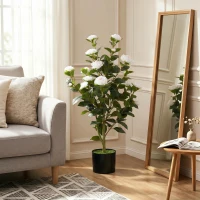 HOMCOM Plantă Artificială Camelie, Flori Realiste, 176 Frunze PEVA, Ghiveci PP, Alb(m-8)