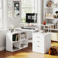 HOMCOM Birou de birou cu 2 mese, 4 rafturi, 3 sertare și suport pentru monitor, din lemn, 138,5x90x92 cm, alb(m-2)