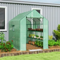 Outsunny Walk-in Greenhouse with 3 Tier Shelves, Outdoor Green House Garden Grow House with Reinforced PE Cover, Roll-up Door and Mesh Windows, 140 x 213 x 190cm, Green(m-2)