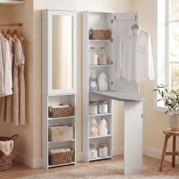 HOMCOM Mueble de Plancha con Espejo Tabla de Planchar Plegable 6 Compartimentos 2 Ganchos 107x35x174 cm Blanco(m-10)