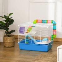 PawHut Cușcă pentru Hamsteri cu 3 Niveluri, Tuneluri, Căsuță și Roată pentru Hamsteri, 59x36x47cm, Albastru și Alb(m-10)
