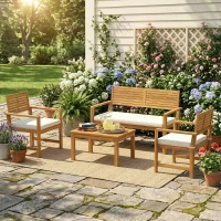 Outsunny 4 Seater Wooden Garden Furniture Set with Loveseat, Armchairs, Table, Acacia Wood Garden Sofa Set, Cream White(m-10)