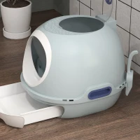 PawHut Cat Litter Box Toilet with Litter Scoop Enclosed Drawer, Front Entry Top Exit, Easy To Clean Blue(m-9)