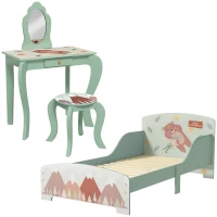 ZONEKIZ Toddler Bed Frame, Kids Dressing Table with Mirror and Stool, Cute Animal Design Kids Bedroom Furniture Set for Ages 3-6 Years, Green(m-1)