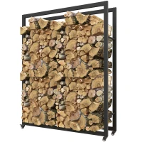 Outsunny Suport pentru lemne de foc pentru interior și exterior, cu roți. Structură din oțel, capacitate 0,43m³, 120x32x151cm, negru(m-12)