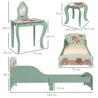 ZONEKIZ Toddler Bed Frame, Kids Dressing Table with Mirror and Stool, Cute Animal Design Kids Bedroom Furniture Set for Ages 3-6 Years, Green(m-3)