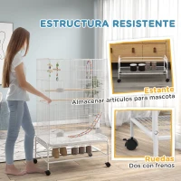 PawHut Jaula para Pájaros con Ruedas Bandeja Extraíble Puertas Comederos Perchas y Estante Inferior 79x49x133 cm Blanco(m-7)