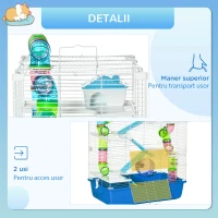PawHut Cușcă pentru hamsteri cu 5 niveluri, cu tuburi, căsuță, rezervor de apă și roată, din oțel, PP și PS, 59x36x69 cm, albastră și albă(m-11)