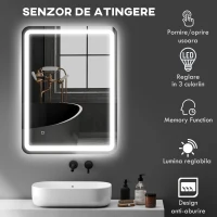 HOMCOM Oglindă de Baie LED Touch cu Lumină Reglabilă, la 3 Temperatură și Anti-Ceață, 60x80 cm(m-5)