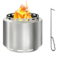 Outsunny Smokeless Fire Pit, 48.5cm Portable Wood Burning Firepit with Poker for Garden Camping Bonfire Party, Stainless Steel, Silver(m-11)