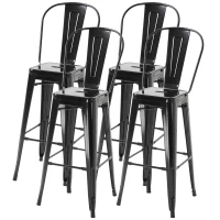 HOMCOM Juego de 4 Taburetes Altos de Cocina de Metal con Respaldo Alto y Reposapiés para Comedor 44x46x116 cm Negro(m-12)