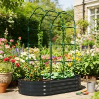 Outsunny Galvanised Raised Garden Bed with Arched Trellis, 5 x 3 x 6ft Metal Raised Bed for Garden with Open Bottom, Dark Grey(m-2)