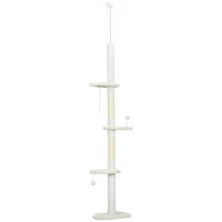 PawHut 225-255 cm Adjustable Cat Climbing Tower with Sisal Scratching Posts, 2 Hanging Play Balls and Anti-Tip Strap, Beige(m-1)