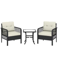 Outsunny 3 Pieces Rattan Bistro Set with Glass Top Coffee Table, Chairs and Cushions for Outdoor, Patio, Balcony, Cream(m-1)