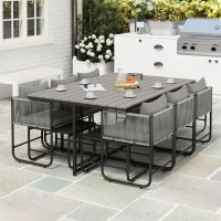 Outsunny 10 Seater Rattan Cube Garden Furniture Set, Rattan Dining Set with Cushions, Outdoor Dining Table and Chairs with 6 Armchairs, 4 Stools, Rectangular Wood Grain Plastic Top Table, Grey(m-10)