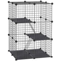 PawHut Enclos pour petits animaux, cage à lapin modulable 3 niveaux, 39 panneaux avec  rampes, en métal, 70 x 70 x 105 cm, noir(m-11)