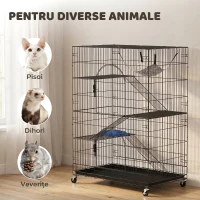 PawHut Cușcă pentru Pisici pe 4 Nivele, Cușcă Mare din Metal cu Roți, Negru(m-8)