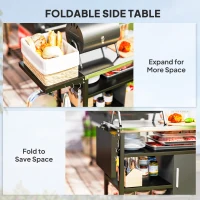 Outsunny Outdoor BBQ Trolley with Foldable Side Table, Stainless Steel Top, Outdoor Kitchen with Wheels Hooks Shelves Cabinet, Pizza Oven Table Movable Barbecue Grill Dining Cart with Cover, Black(m-5)