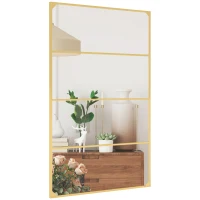 HOMCOM Miroir mural verrière rectangulaire style industriel, horizontal ou vertical avec 4 crochets, en métal doré 109 x 69 cm(m-12)