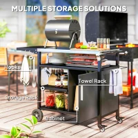 Outsunny Outdoor BBQ Trolley with Foldable Side Table, Stainless Steel Top, Outdoor Kitchen with Wheels Hooks Shelves Cabinet, Pizza Oven Table Movable Barbecue Grill Dining Cart with Cover, Black(m-6)