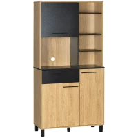 HOMCOM Armoire de cuisine multi-rangements avec tiroir 3 placards 4 niches et passe-câbles hauteur 180 cm noir et bois naturel(m-1)