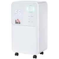 HOMCOM Desumidificador Elétrico 2000ml 12L/Dia com 4 Modos 2 Velocidades Tela LED Luzes Indicadoras Temporizador e Rodas Silencioso para Casa 28x20x50,5cm Branco(m-11)