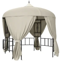 Outsunny Gazebo da Giardino Rotondo Ø3m con Tende e Prese d'Aria in Metallo e Poliestere, Beige(m-1)