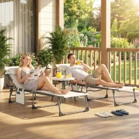 Outsunny Conjunto de 2 Espreguiçadeiras Jardim Dobráveis com Apoio de Cabeça e Encosto Reclinável em 5 Posições 200x57x38 cm Creme(m-8)