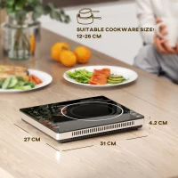 HOMCOM Plită cu Inducție, Putere și Temperatură Reglabilă, cu Panou Touch, din Plastic și Sticlă, 31x27x4.2 cm, Negru(m-3)